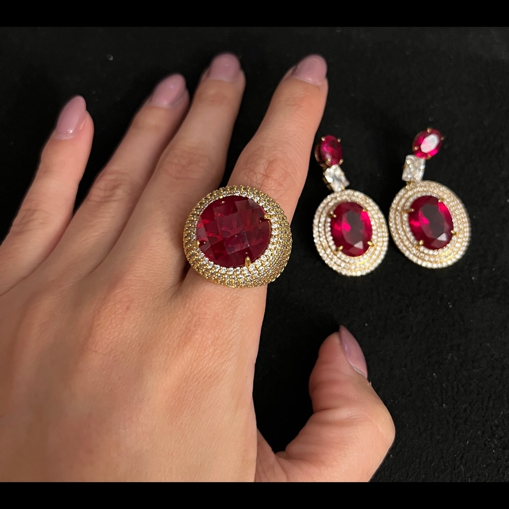 Set of earrings and ring - Zirconia and Garnet Stone. - Picture 2 of 6